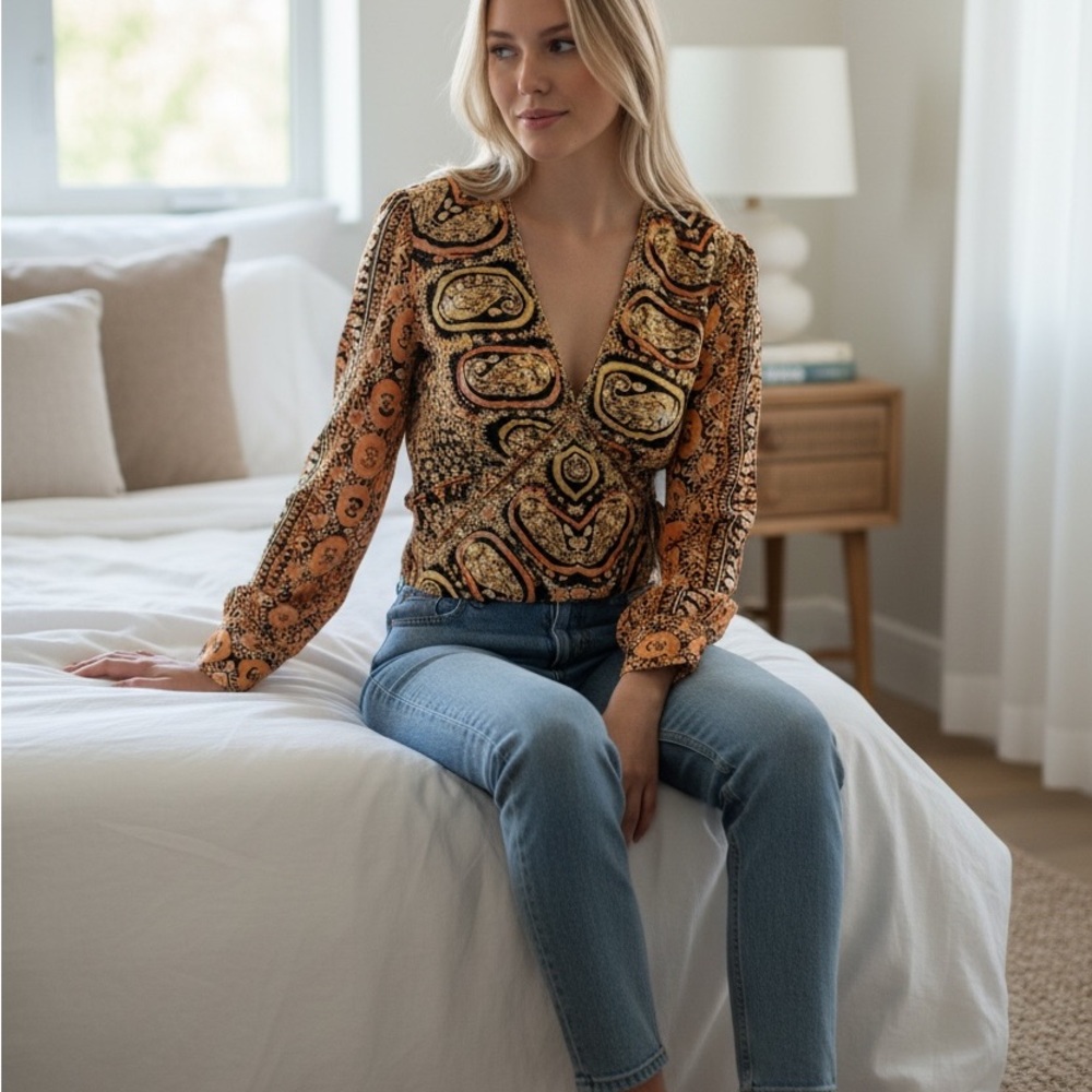 Free People Orange Paisley V-Neck Long Sleeve Blouse